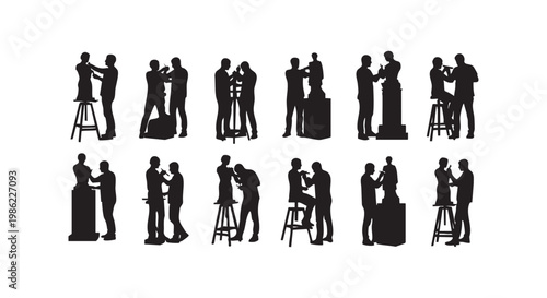 Artist sculptor silhouette figures carving statues and working on clay busts in creative studio workspace illustration.