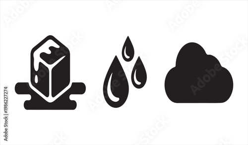 Minimal black silhouette icons of cold liquid and cloud elements