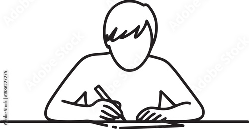 A drawing of a person sitting at a desk and writing or drawing with a pen, symbolizing education, creativity, and learning