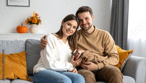 Smiling family with newborn on a gray sofa, pumpkin decor, casual attire, warm lighting in a cozy, neutral room