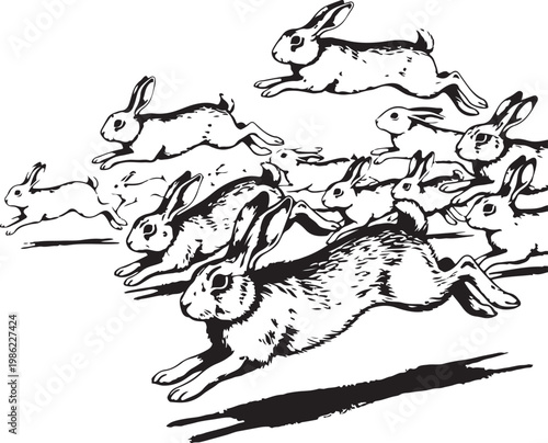 Chaotic gathering of rabbits in mid-leap and sprint across an open field Vector, illustration