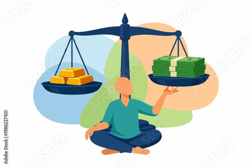 Person Balancing Gold Bars and Money on Scales for Financial Stability