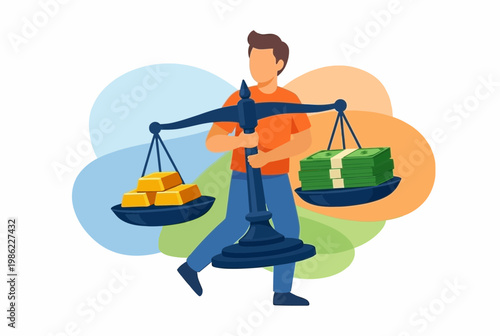Man Balancing Gold Bars and Cash on Scales for Financial Stability