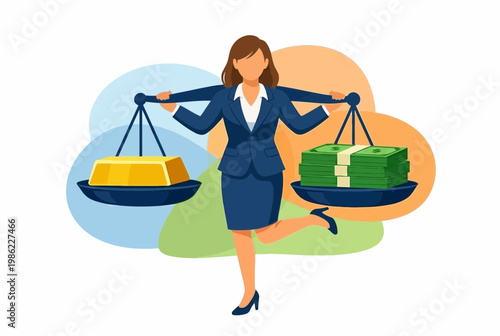 Businesswoman Balancing Gold Bar and Cash on Scales for Stability