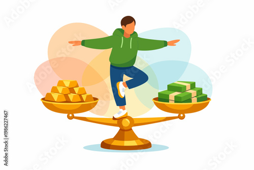 Man balancing gold bars and cash on scales for financial stability