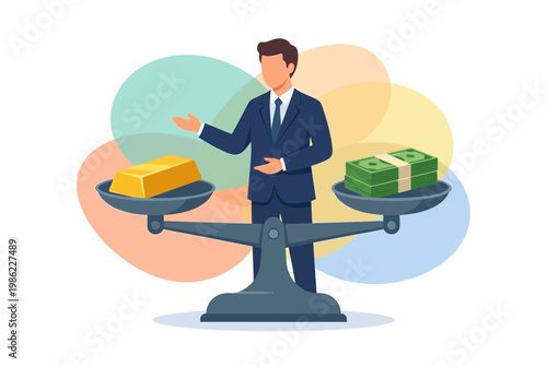 Businessman Balancing Gold Bar and Cash on Large Financial Scales