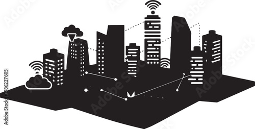 Modern cityscape illustrating wireless network connectivity and cloud integration Vector, illustration