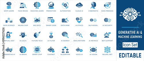 Generative ai machine learning icon set. Containing neural network, deep learning, algorithm, chatbot, data science and more. Solid vector icons collection.