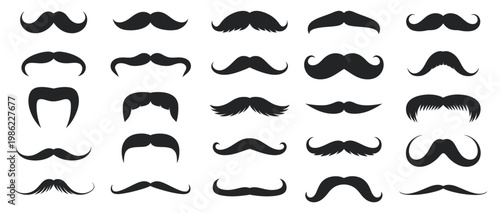 Mustache styles vector set, black silhouette collection, classic curled and wide mustache shapes, facial hair icons for design, isolated vector illustration