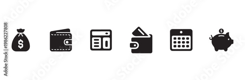 Financial planning tools set including money bag wallet calculator calendar and piggy bank