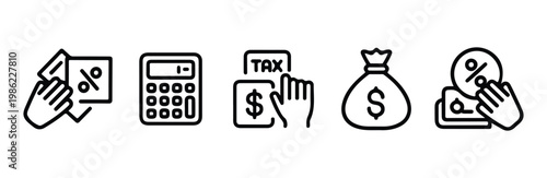 Business discount and tax icons set with hand holding coupon calculator and money bag sign