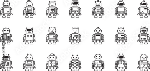 Array of whimsical sketch-style robots in various poses and designs Vector, illustration