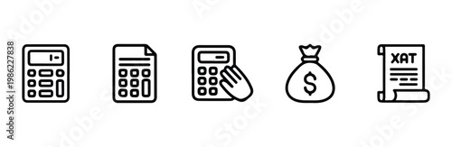 Tax calculation and accounting line icons featuring calculator money bag and document sign
