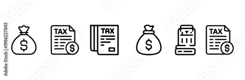 Money bag and tax document icons with dollar symbol and calculator cash register
