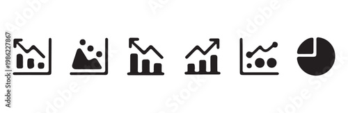 Various finance and business icons with graphs, charts, growth and pie chart
