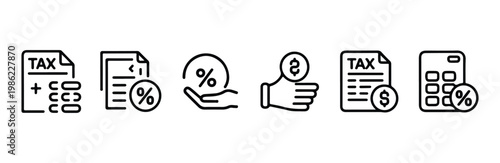 Collection of tax and finance icons with calculator, money, percentage, documents and charts