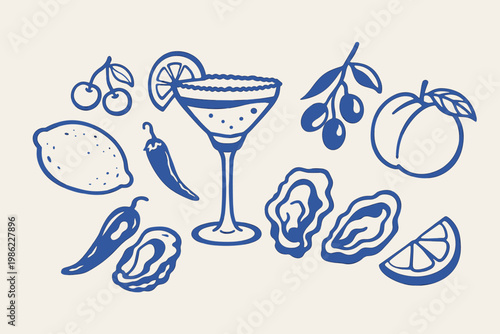 Hand drawn cocktail and fruit vector illustration with oysters, peach, lemon and cherries in outline style