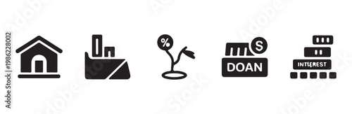 Set of financial icons including house graph interest loan and growth symbolizing investment and banking