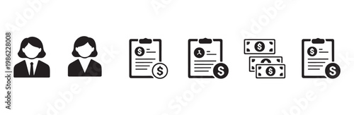 Set of female finance icons depicting businesswomen documents and money for financial management
