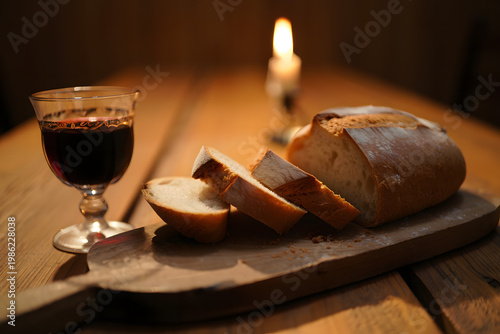Candlelit Bread And Red Wine On A Rustic Wooden Table For Intimate Dinner Or Meal