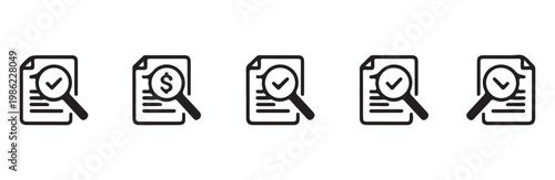 Set of document review icons featuring a magnifying glass and checkmark symbolizing approval