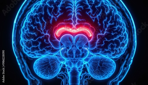 Glowing red thalamus highlights the central region of the human brain against a dark blue background.