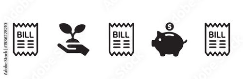 Business and finance icon set with bill receipt growth seedling and piggy bank illustration