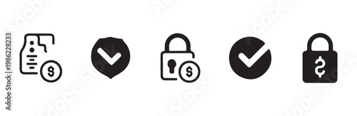 Verification and financial protection icon set with checkmark shield and lock dollar symbol