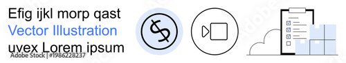 Financial tools, digital communication, cloud storage, data management, business concepts, scalable tech. Icons include currency symbol, video camera checklist with cloud. Finance and digital