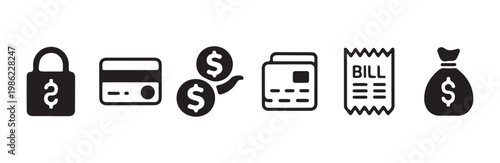 Banking and payment method icon collection with money bag credit card and receipt graphics