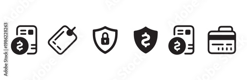 Finance and money icon set. payment protection with a shield and a lock. invoice with coin