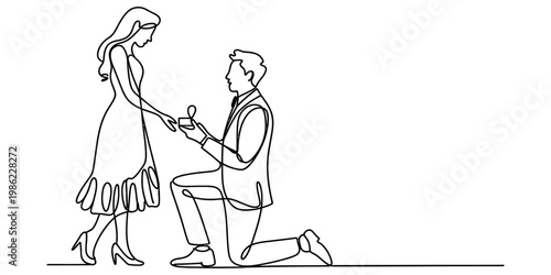 Continuous line drawing of a man kneeling down to propose to a woman with an engagement ring. Vector, illustration