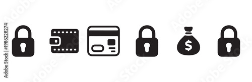 Finance security icons set. payment protection with a lock. wallet and credit card symbols