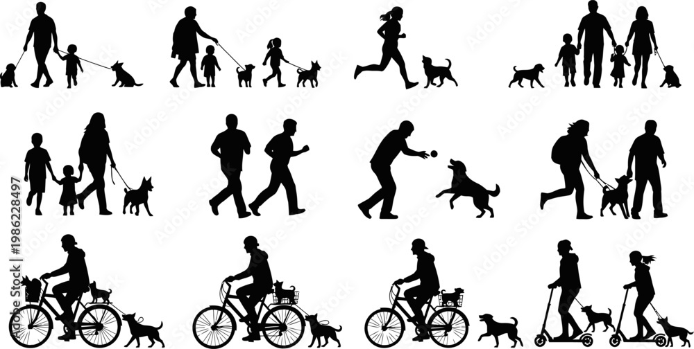 Obraz premium Set of Silhouettes Featuring People Walking Running Cycling and Playing with Their Dogs