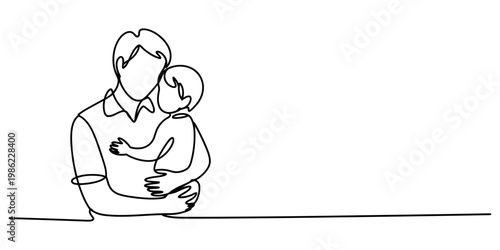 Continuous line drawing of a father holding his child in a loving embrace on white background. Vector, illustration