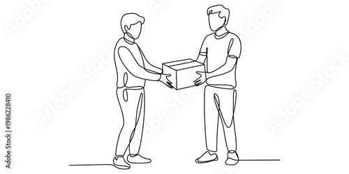 Continuous line drawing of two men handing over a cardboard box for delivery or moving Vector, illustration
