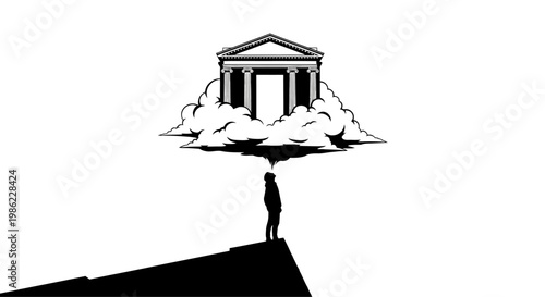 Man standing on cliff looking at building on clouds.