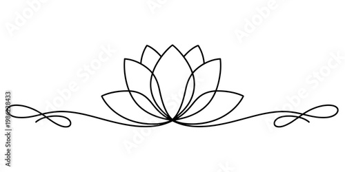 Elegant black line art illustration of a lotus flower with decorative horizontal flourishes. Vector, illustration