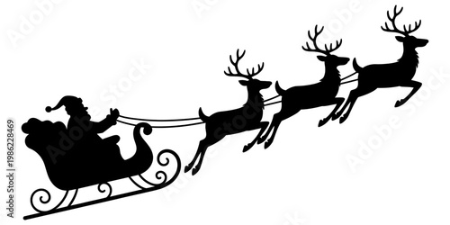 Silhouette of santa claus in a sleigh being pulled by three flying reindeer on a white background. Vector, illustration