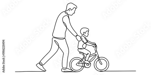 Continuous line drawing of a father teaching his young son how to ride a bicycle on a white background. Vector, illustration