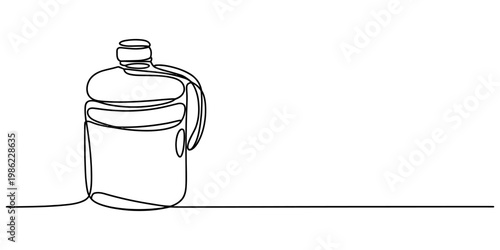 Minimalist one line art illustration of a plastic water jug with handle for hydration. Vector, illustration