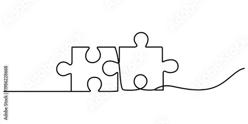 Continuous line drawing of two puzzle pieces representing teamwork and connection. Vector, illustration
