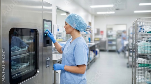 Medical worker operating sterilization equipment in modern hospital ensuring hygiene and safety in clinical environment