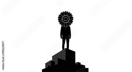 A person standing on a pedestal with a flower for a head.