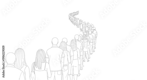 Minimalist Line Art Illustration of a Long Winding Queue of People Waiting in Line
