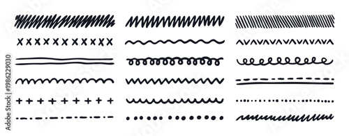 Hand drawn stripes and underlines scribbles, doodle, lines. Set Squiggly, wavy, zigzag underline for notes and headline. Vector illustration