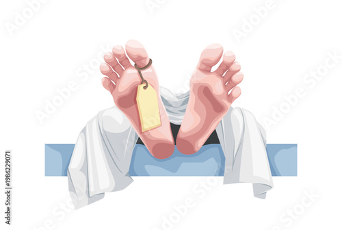 Dead Body Feet with Toe Tag in Morgue Illustration. Corpse in the mortuary