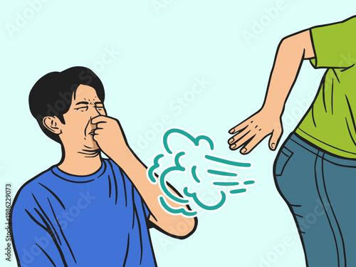Man pinching nose due to bad smell cartoon illustration