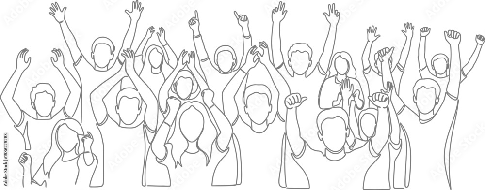 Fototapeta premium Continuous Line Drawing of a Cheering Crowd with Raised Hands in Minimalist Vector Style