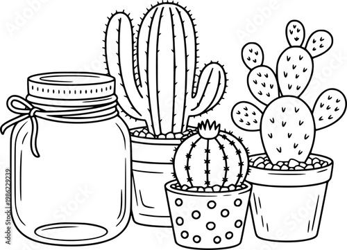 Black and white line of potted cacti and a mason jar with a bow cactus plant